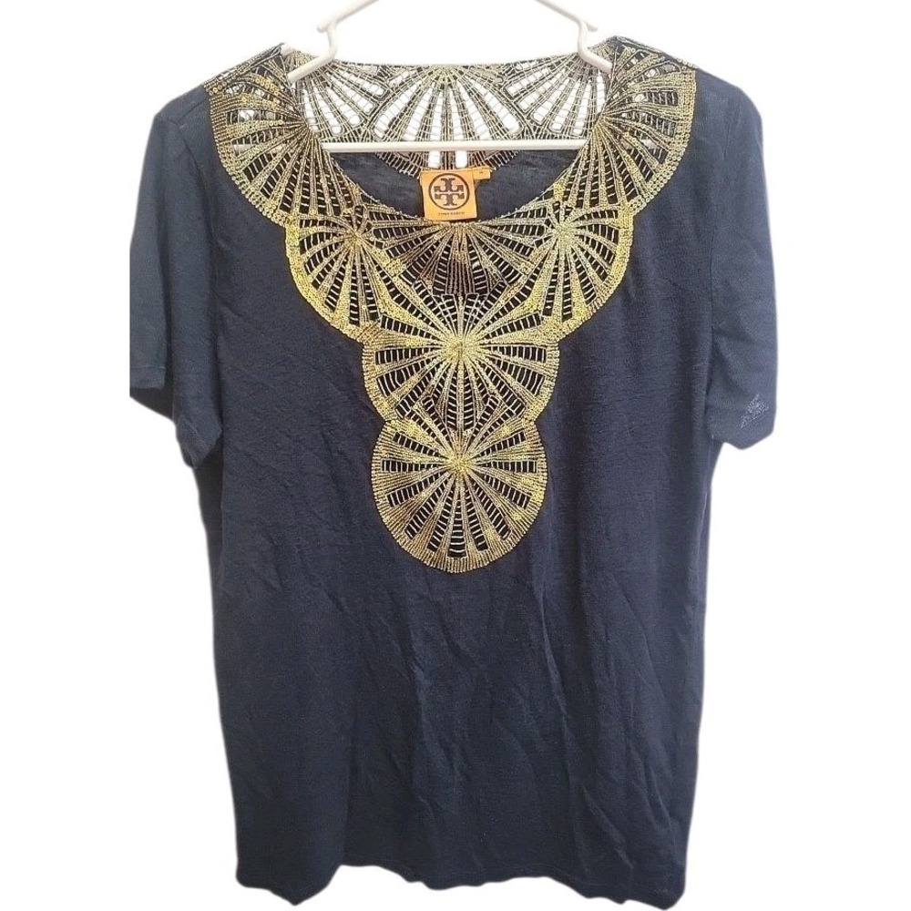 Tory Burch‎ Womens Blue 100% Linen Gold Sequence Scoop Neck Blouse Sz M